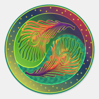 Peacock Feather Yin Yang 3 Classic Round Sticker