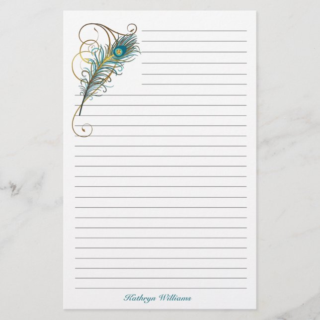 Peacock Feathered Teal and Golden Lined Stationery (Front)