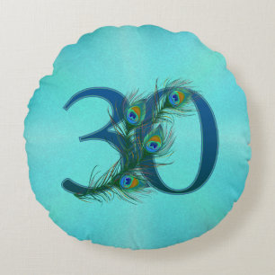 Peacock Feathers 30 Birthday Anniversary Milestone Round Cushion