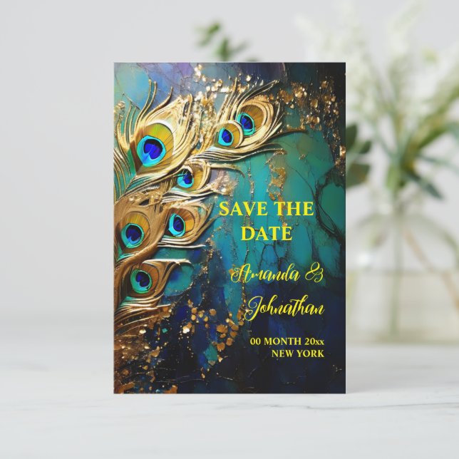 Peacock feathers 3D art iridescent elegant Save The Date (Standing Front)