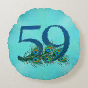 Peacock Feathers 59 Birthday Anniversary Milestone Round Cushion