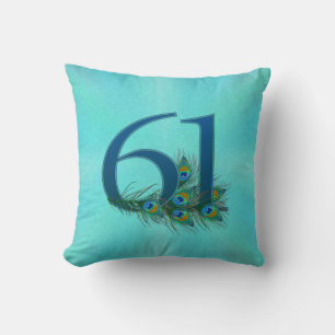 Peacock Feathers 61 Birthday Anniversary Milestone Cushion