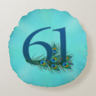 Peacock Feathers 61 Birthday Anniversary Milestone Round Cushion