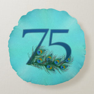 Peacock Feathers 75 Birthday Anniversary Milestone Round Cushion