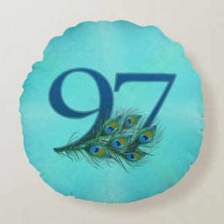 Peacock Feathers 97 Birthday Anniversary Milestone Round Cushion