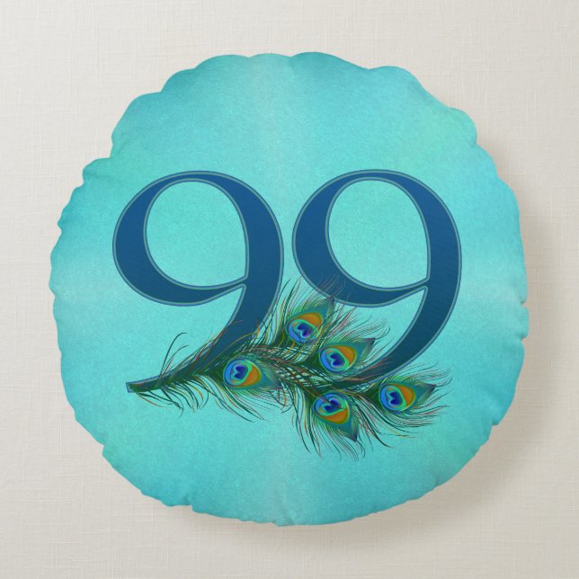 Peacock Feathers 99 Birthday Anniversary Milestone Round Cushion (Front)