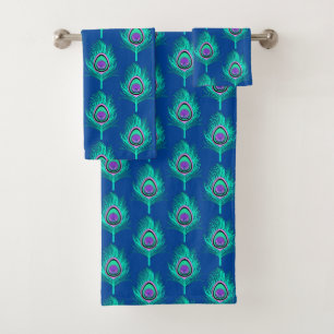 Peacock Feathers, Aqua on Deep Cobalt Blue Bath Towel Set