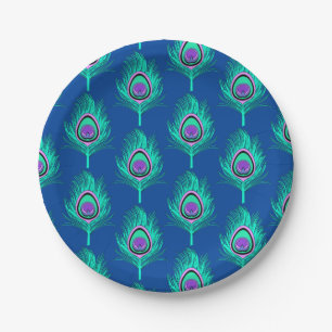 Peacock Feathers, Aqua on Deep Cobalt Blue Paper Plate