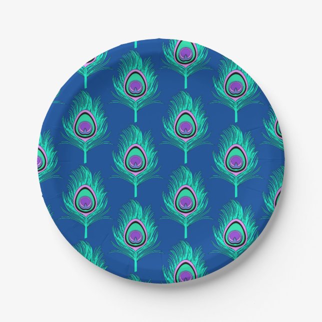 Peacock Feathers, Aqua on Deep Cobalt Blue Paper Plate (Front)