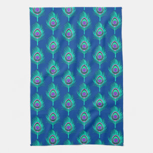 Peacock Feathers, Aqua on Deep Cobalt Blue Tea Towel