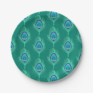Peacock Feathers, Aqua on Turquoise / Peacock Paper Plate