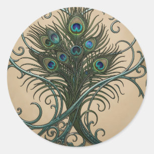Peacock Feathers Art Nouveau Ornate Teal Frame Classic Round Sticker
