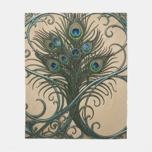 Peacock Feathers Art Nouveau Ornate Teal Frame Fleece Blanket