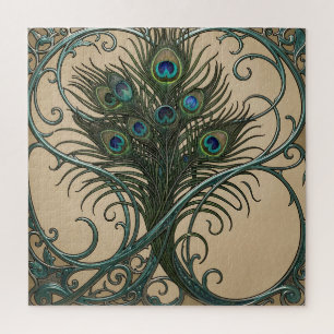 Peacock Feathers Art Nouveau Ornate Teal Frame Jigsaw Puzzle