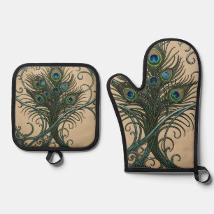 Peacock Feathers Art Nouveau Ornate Teal Frame Oven Mitt & Pot Holder Set