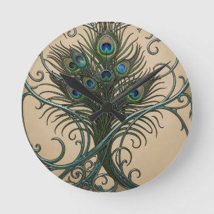 Peacock Feathers Art Nouveau Ornate Teal Frame Round Clock