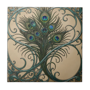 Peacock Feathers Art Nouveau Ornate Teal Frame Tile