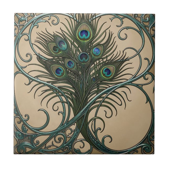 Peacock Feathers Art Nouveau Ornate Teal Frame Tile (Front)