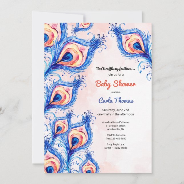 Peacock Feathers Baby Shower Invitation (Front)