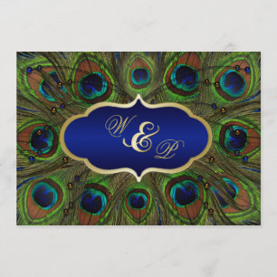 Peacock Feathers, Beads Wedding Invitation - Blue