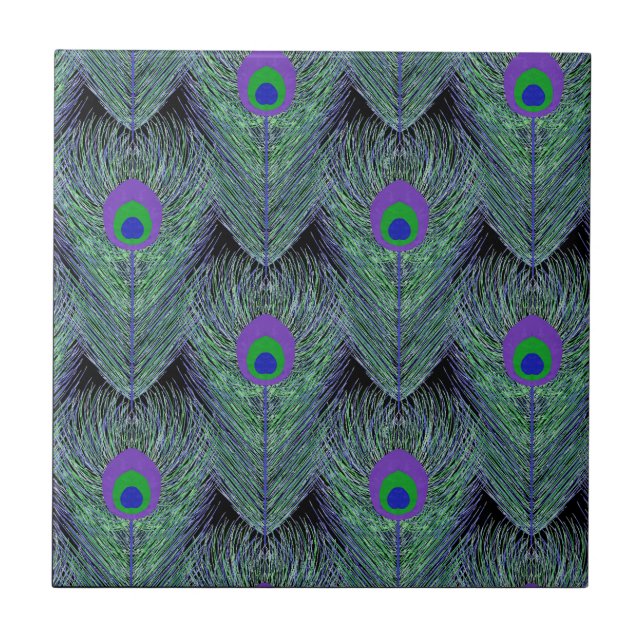 Peacock Feathers Black Background Tile (Front)