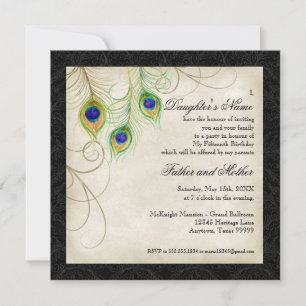 Peacock Feathers Black Damask Quinceanera Party Invitation