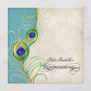 Peacock Feathers Black Damask Quinceanera Party Invitation