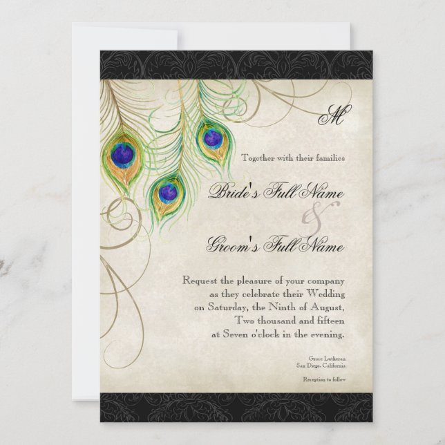 Peacock Feathers Black Damask Wedding Stationery Invitation (Front)