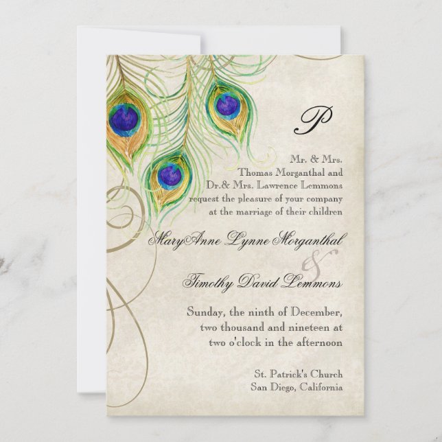 Peacock Feathers Black Damask Wedding Stationery Invitation (Front)