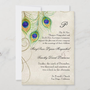 Peacock Feathers Black Damask Wedding Stationery Invitation