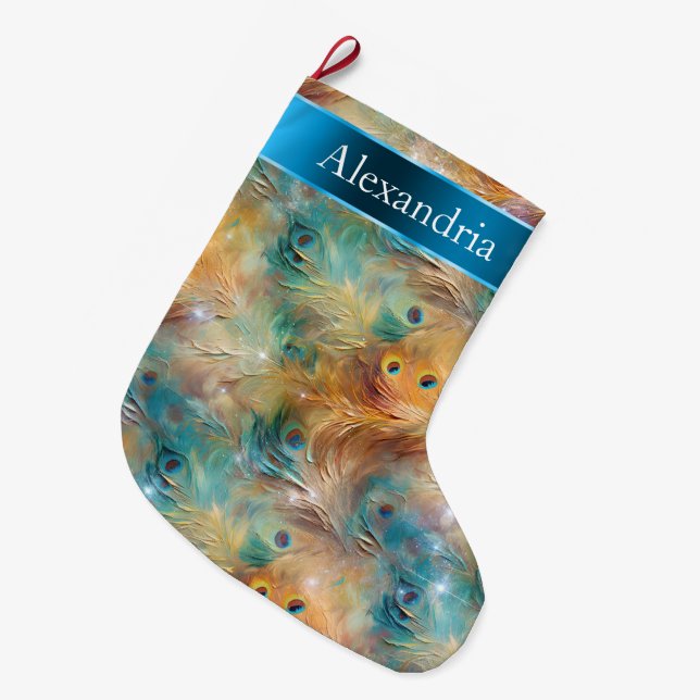 Peacock Feathers Blue Gold Christmas Name Large Christmas Stocking (Front (Hanging))