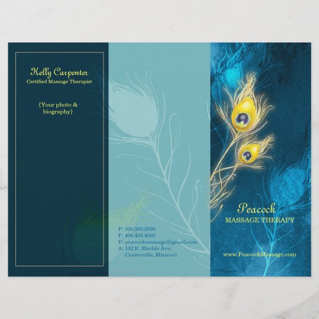 Peacock Feathers Blue Tri Fold Business Brochures (Front)