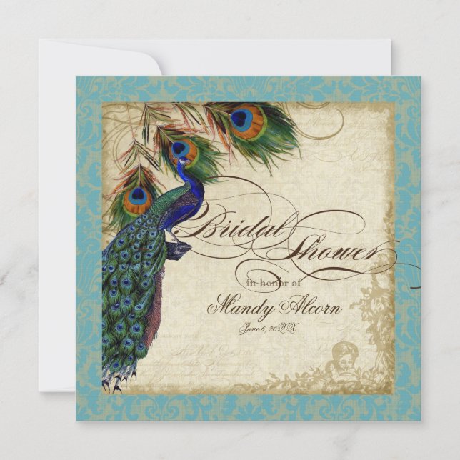 Peacock & Feathers Bridal Shower Invite Aqua Blue (Front)