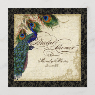 Peacock & Feathers Bridal Shower Invite  Black Tan