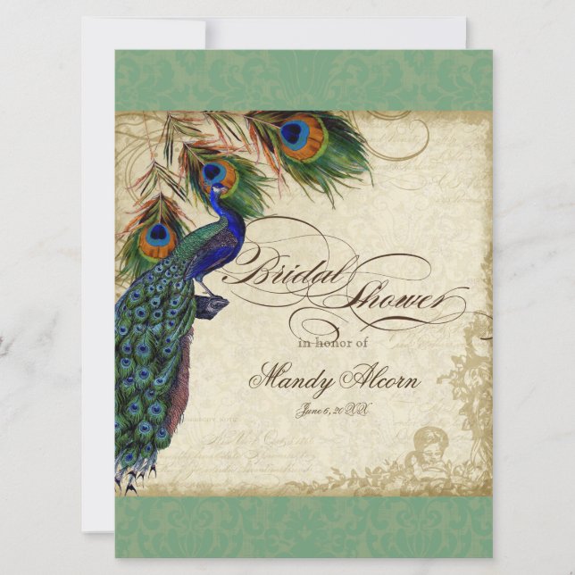 Peacock & Feathers Bridal Shower Invite  Green (Front)