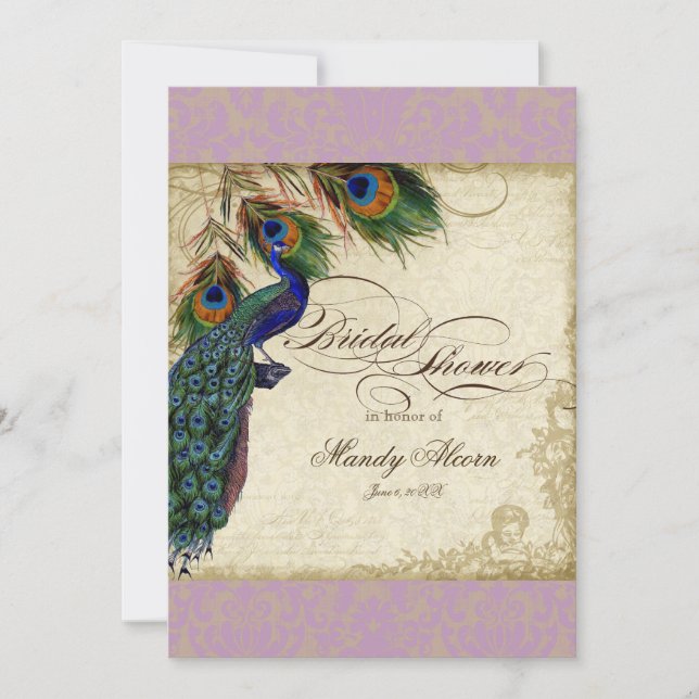 Peacock & Feathers Bridal Shower Invite Lavender (Front)