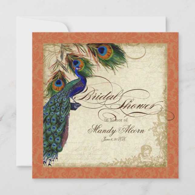 Peacock & Feathers Bridal Shower Invite Orange (Front)