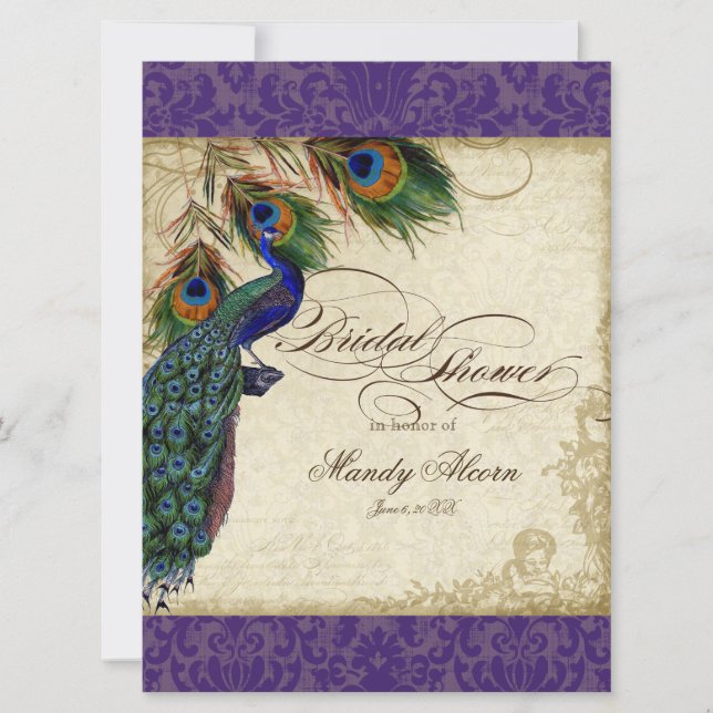 Peacock & Feathers Bridal Shower Invite Purple (Front)