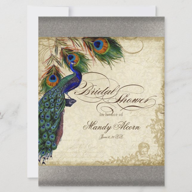 Peacock & Feathers Bridal Shower Silver Metallic Invitation (Front)
