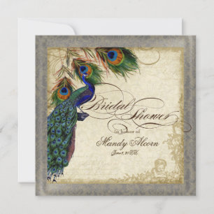 Peacock & Feathers Bridal Shower Silver Metallic Invitation