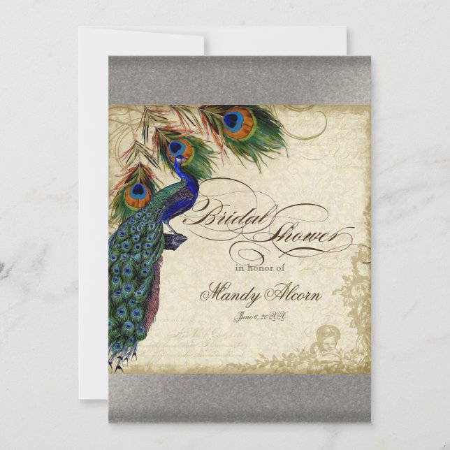 Peacock & Feathers Bridal Shower Silver Metallic Invitation (Front)