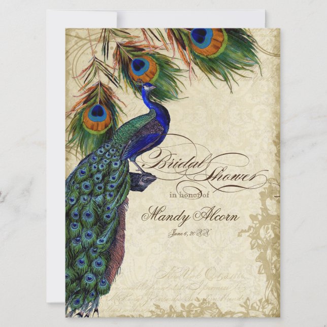 Peacock & Feathers Bridal Shower Tea Stained Card (Front)
