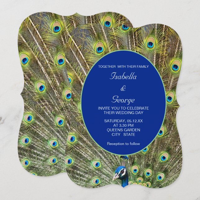 Peacock Feathers & Calligraphy on Blue Wedding Invitation (Front/Back)
