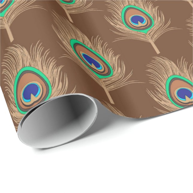 Peacock Feathers, Camel Tan on Chocolate Brown Wrapping Paper (Roll Corner)