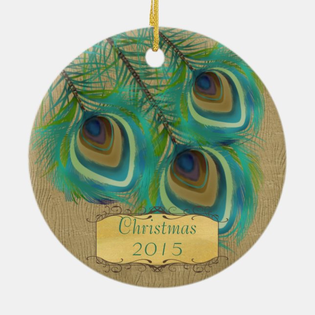 Peacock Feathers Christmas Couples Photo Ornaments (Back)