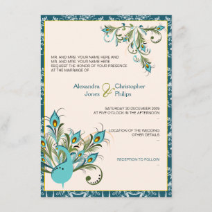 Peacock Feathers Damask Wedding 2 Invitation