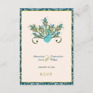 Peacock Feathers Damask Wedding RSVP Card