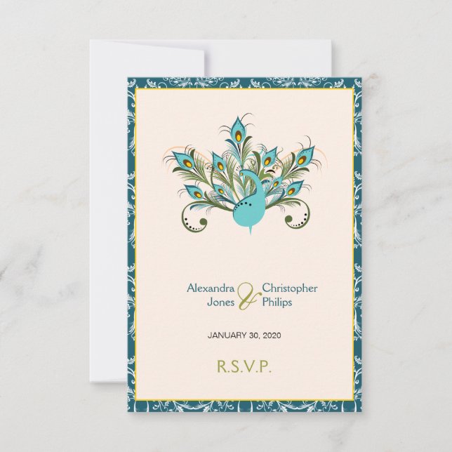 Peacock Feathers Damask Wedding RSVP Card (Front)