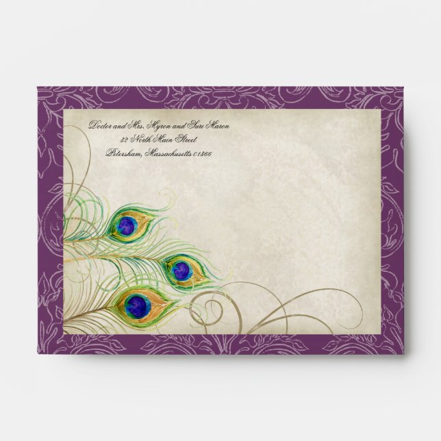 Peacock Feathers Deep Purple Wedding Invitation Envelopes (Front)