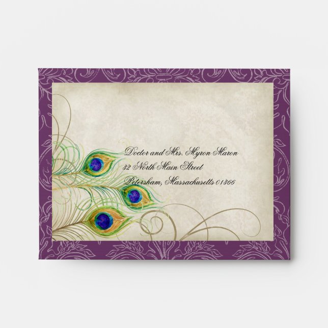 Peacock Feathers Deep Purple Wedding RSVP Response Envelopes (Front)